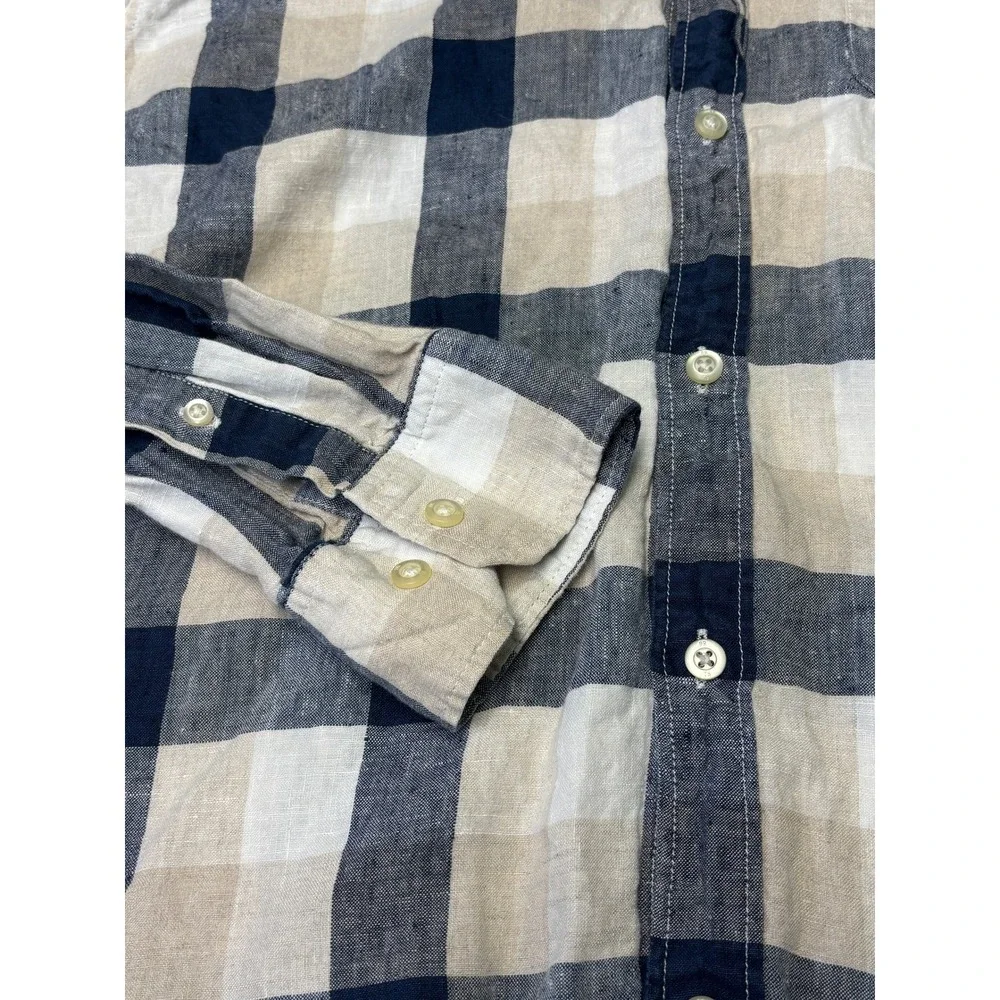 Banana Republic Mens XL Camden Fit 100% Linen Shirt Navy Tan Buffalo Check Plaid